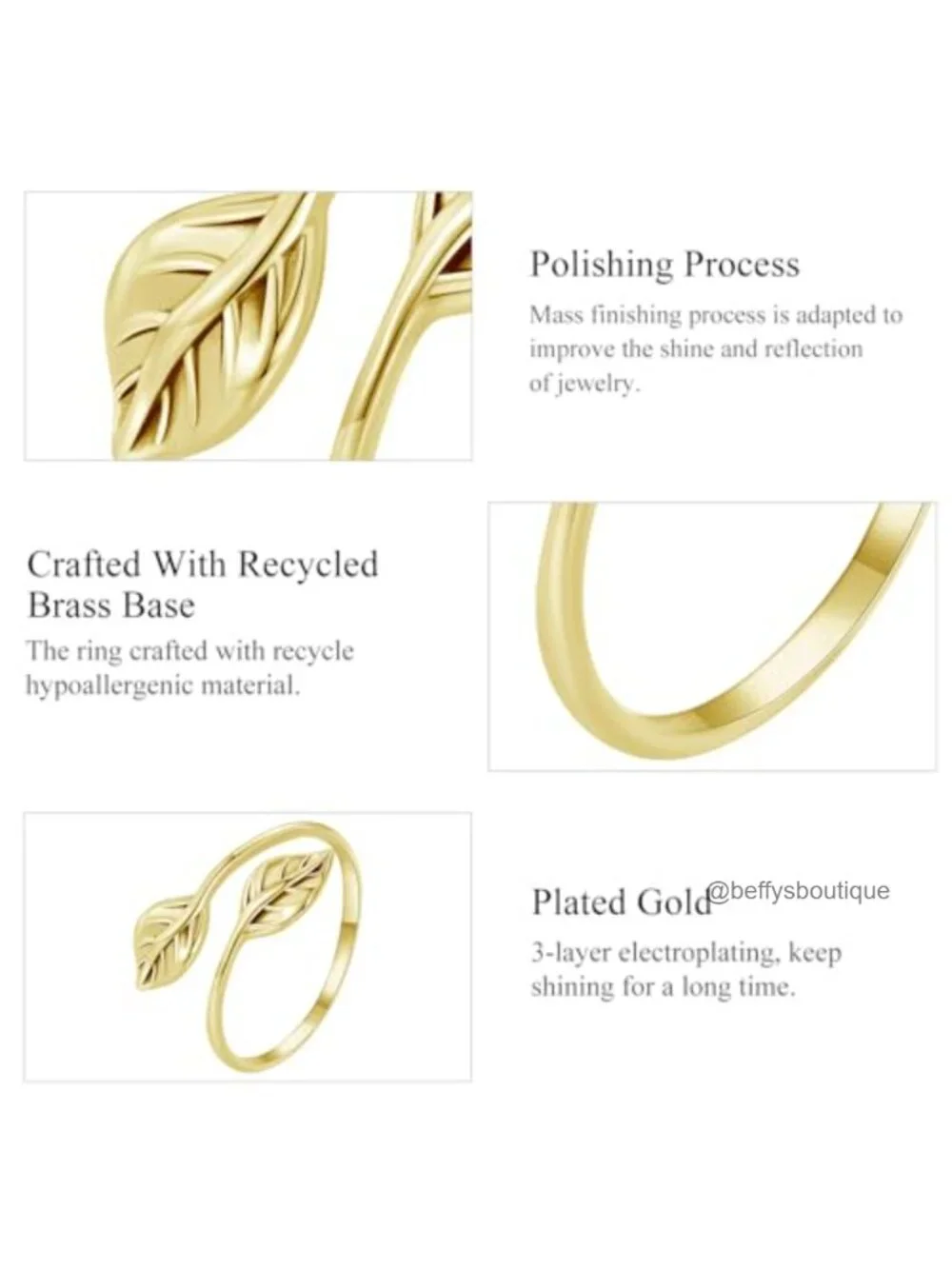 Gold Plated Leaf Adjustable Stackable Ring Set for Women